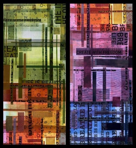 Artwork using gel plate printing, long geometric panels, with layers and lines and colours green, orange, yellow, pink, purple and blue. Called The Only Way Is Up, it is work by Ella Haywood - student of Art and Design with Tara Axford.