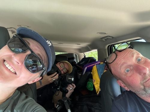 Behind the scenes - Take Two filming crew in the car with lots of luggage