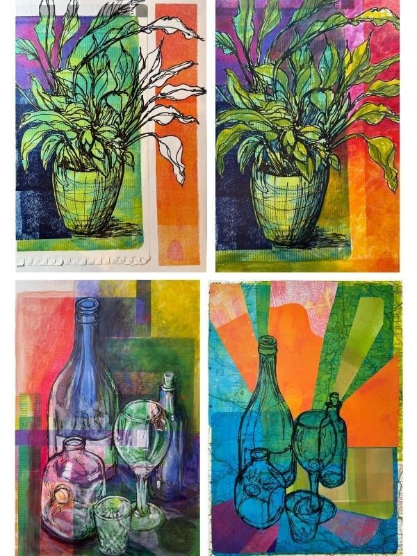 4 prints/artwords that used gel plate printing. Two feature potted plants and two feature bottles and glasses, featuring colours pink, green, blue, yellow and purple. It is work by Ella Haywood - student of Art & Design with Tara Axford.