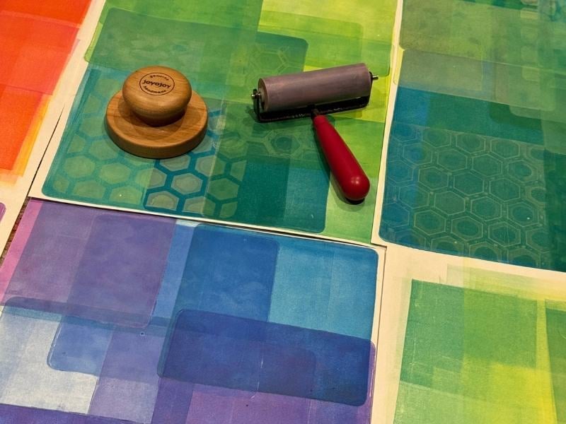Ella Haywood work in progress during Tara Axfords gel plate printing course