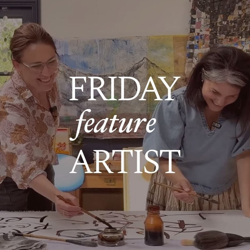 Friday Feature Artist text over a photo taken during an interview