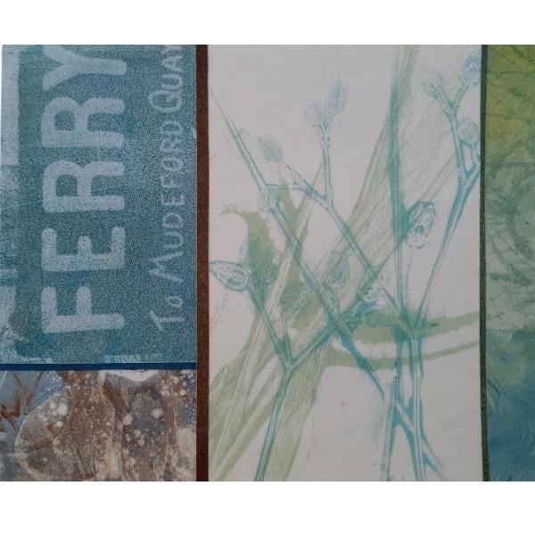 Heather Miller artwork, creating using gel plate printing, featuring letters, patterns and colours blue, green and grey