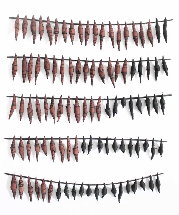 Ann-Goddard-On-The-Brink-bark-cloth-sticks-entomology-wire-pins