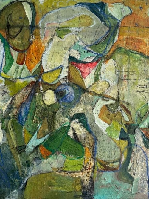 Kimberly Schmid - Boreal Forage - an abstract painting featuring colours green, blue, orange, pink