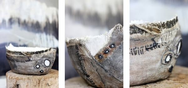 Mardi Busby - Linen Vessel_ Linen, rusted wire, rust and ink-stained fabric, waxed linen thread