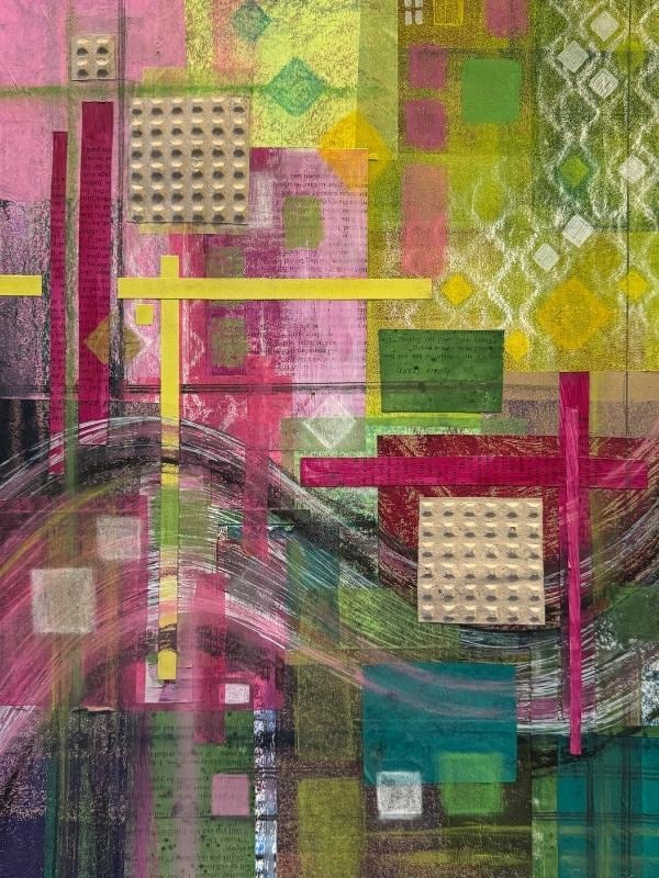 Artwork using gel plate printing with straight and curved lines and colours pink, green, teal and grey. It is work by Ella Haywood - student of Art & Design with Tara Axford.