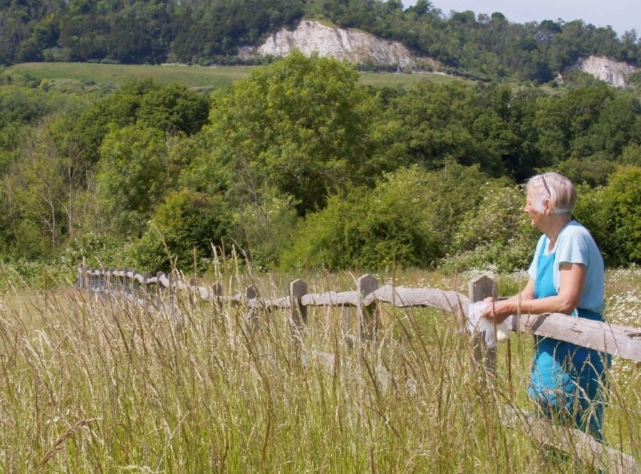 Claire Benn standing at a fence in a field
