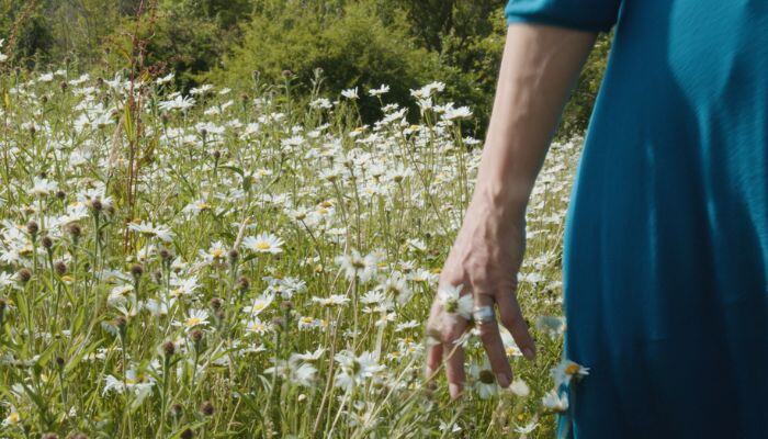 Claire Benn walking through a field of flowers