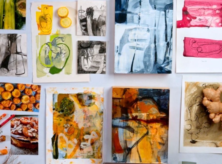 Colour and mixed paints during Nicola Bennett's creative process