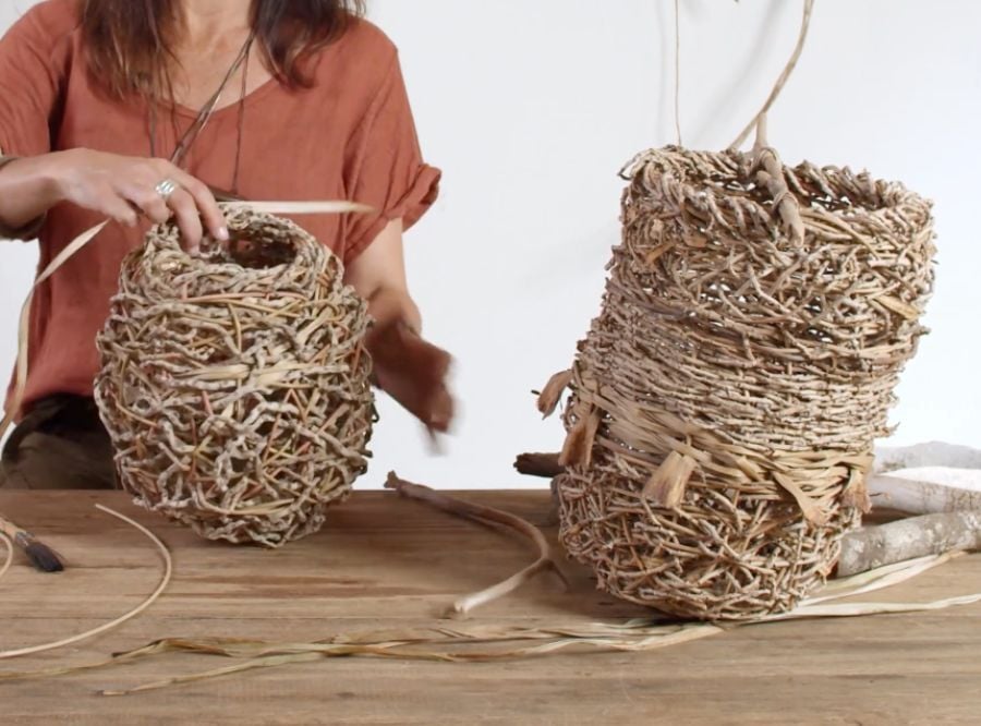 Harriet Goodall weaving a new piece of art