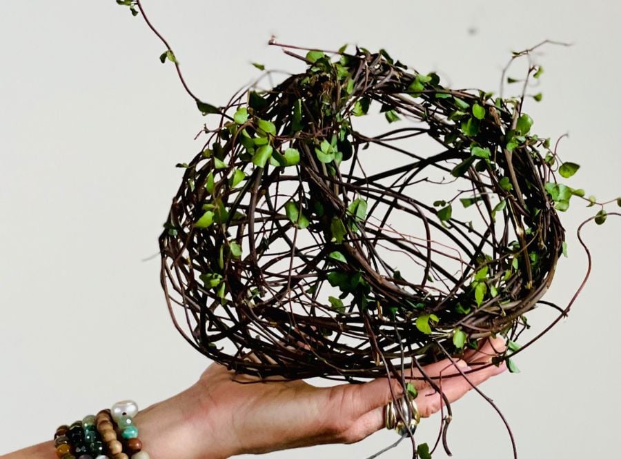 Harriet's hand holding one of her weaved sculptures