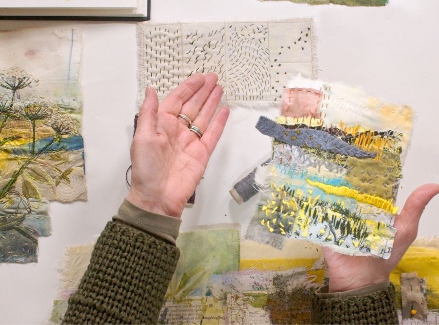 Cas Holmes' hands showing stitching techniques on her works in progress