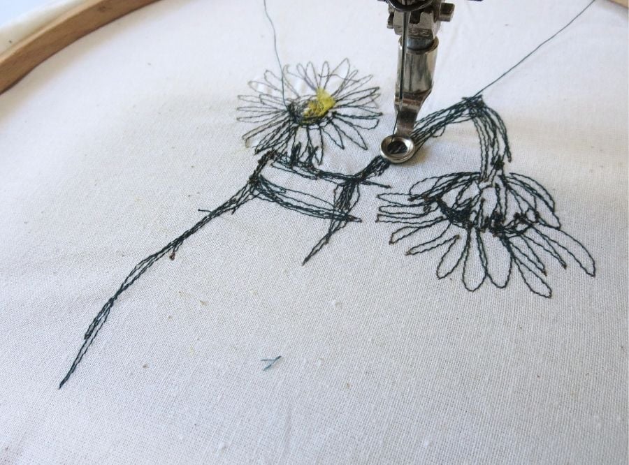 Close up of freehand stitching on sewing machine