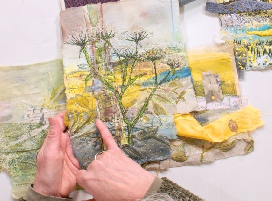 Cas Holmes' hands showing stitching techniques on a work in progress