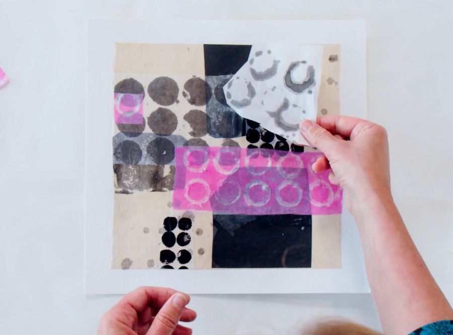 Cordula working on a collage during The Art of Abstract Collage