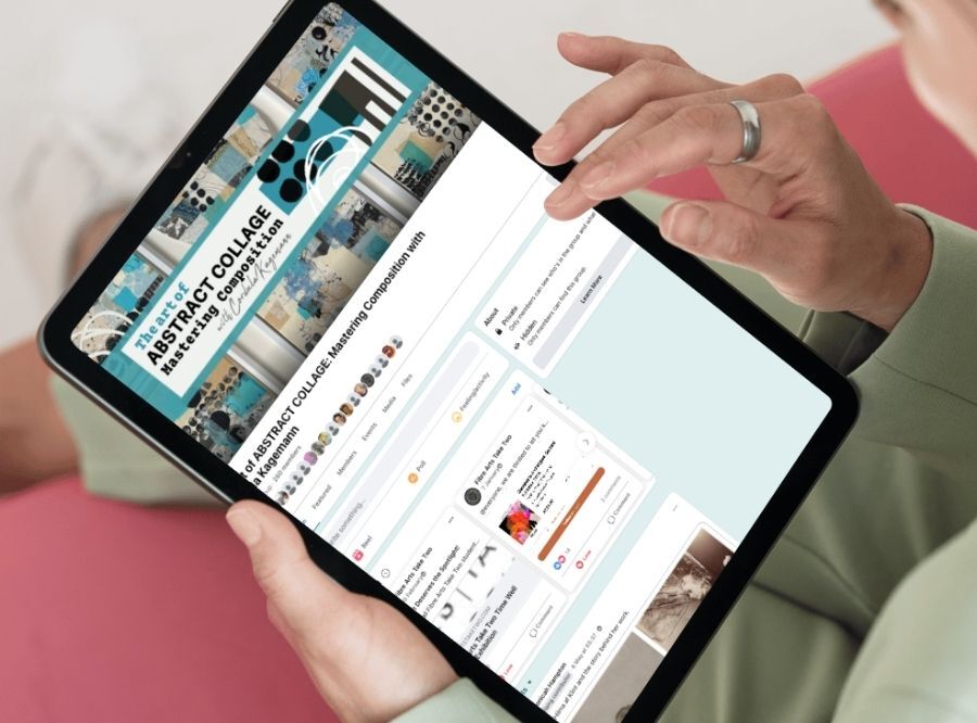 The Art of Abstract Collage online community group displayed on tablet screen