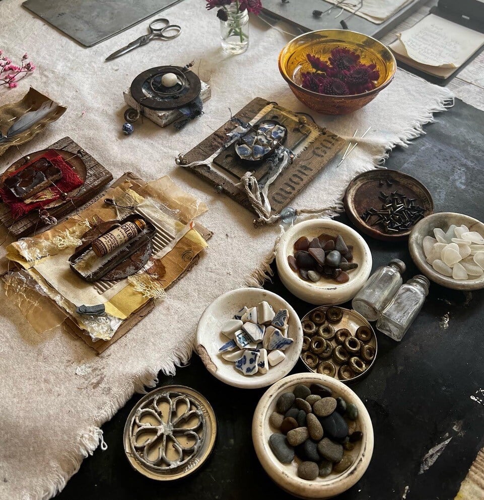 Creative materials and works in progress on Roxanne's studio table